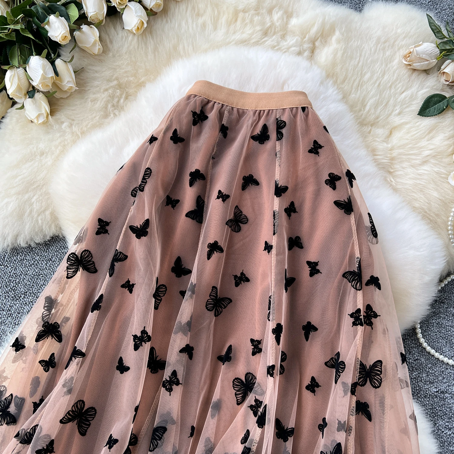 SINGREINY 2024 High Qulaity Embroidery Long Skirt Ladies Elastic Waist Butterfly Print Streetwear A Line Loose Mesh Party Skirt