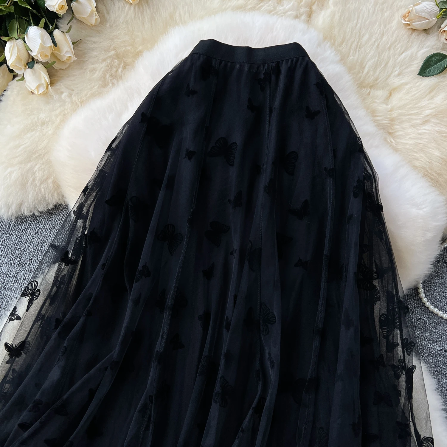 SINGREINY 2024 High Qulaity Embroidery Long Skirt Ladies Elastic Waist Butterfly Print Streetwear A Line Loose Mesh Party Skirt