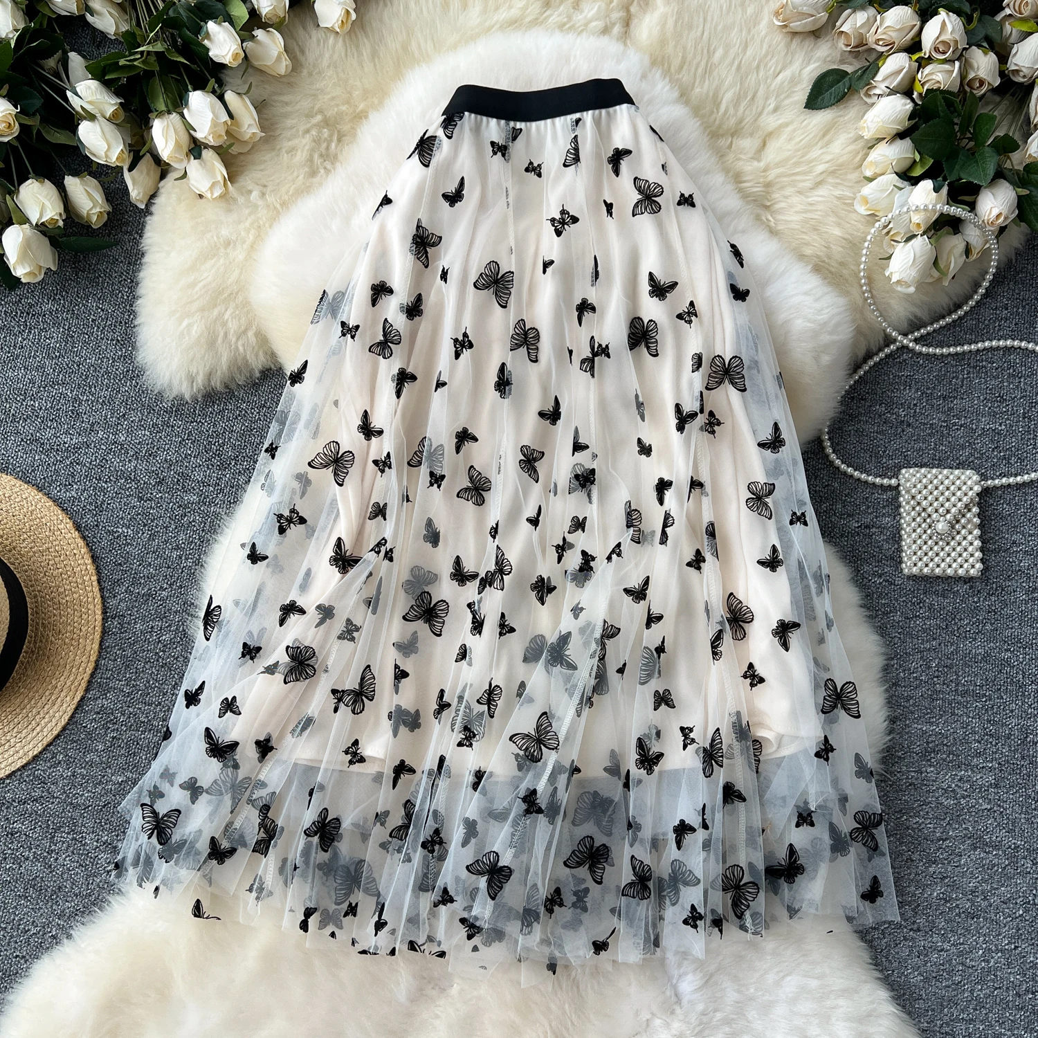 SINGREINY 2024 High Qulaity Embroidery Long Skirt Ladies Elastic Waist Butterfly Print Streetwear A Line Loose Mesh Party Skirt