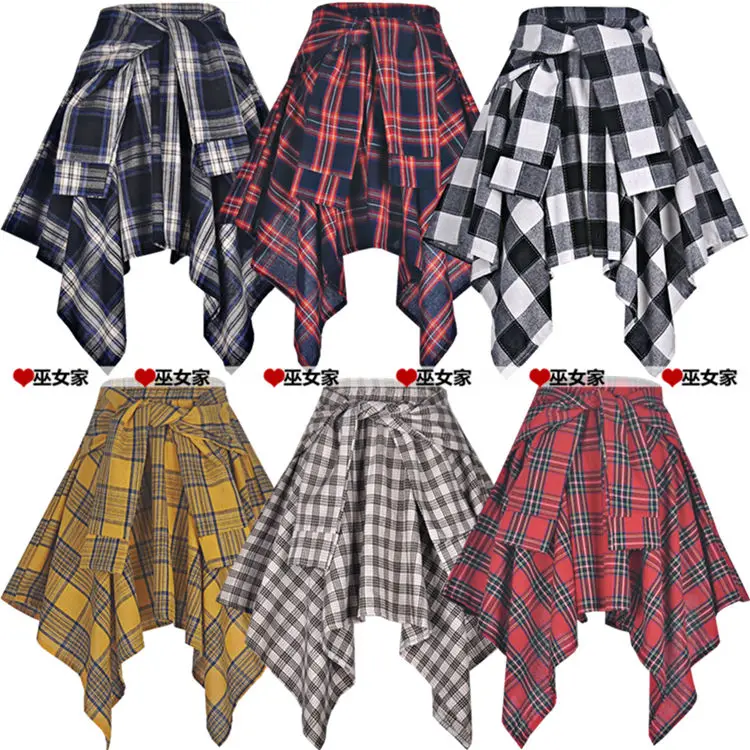 Plaid Skirt Women Pleated Lace-up Tie Mini Skirt Y2k Streetwear Harajuku Vintage Irregular Sports Street Women Fart Curtain