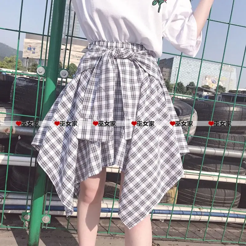 Plaid Skirt Women Pleated Lace-up Tie Mini Skirt Y2k Streetwear Harajuku Vintage Irregular Sports Street Women Fart Curtain