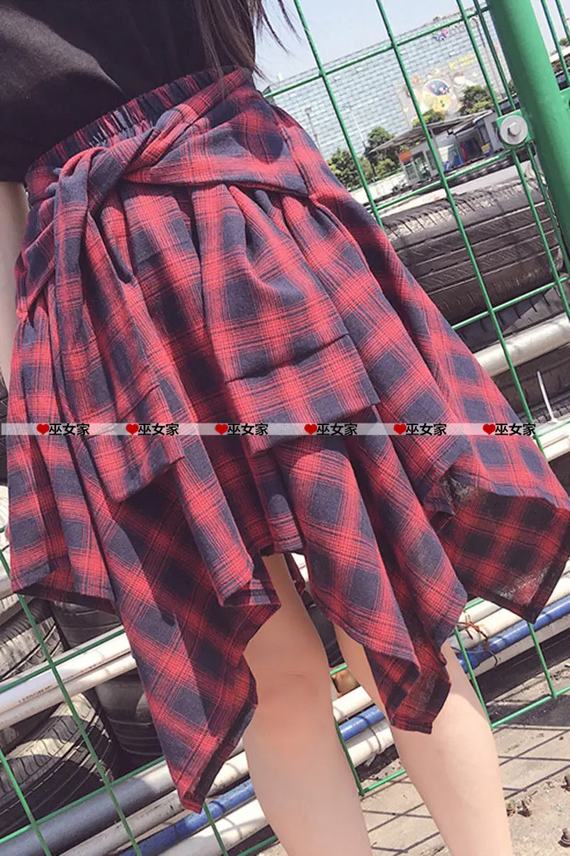 Plaid Skirt Women Pleated Lace-up Tie Mini Skirt Y2k Streetwear Harajuku Vintage Irregular Sports Street Women Fart Curtain