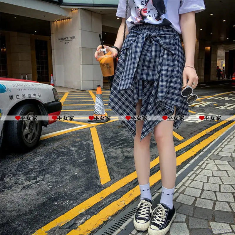 Plaid Skirt Women Pleated Lace-up Tie Mini Skirt Y2k Streetwear Harajuku Vintage Irregular Sports Street Women Fart Curtain