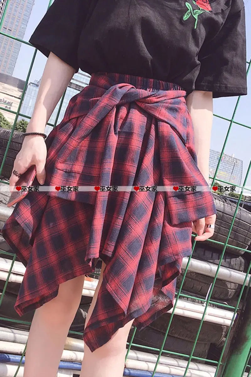 Plaid Skirt Women Pleated Lace-up Tie Mini Skirt Y2k Streetwear Harajuku Vintage Irregular Sports Street Women Fart Curtain