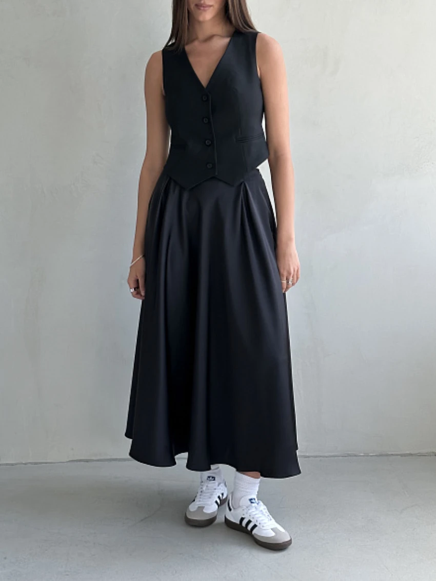 Bornladies Elegant Satin Loose Women Skirt 2025 High Waist Maxi Skirts Streetwear Classic Long Skirt Fashion Female Black Skirt