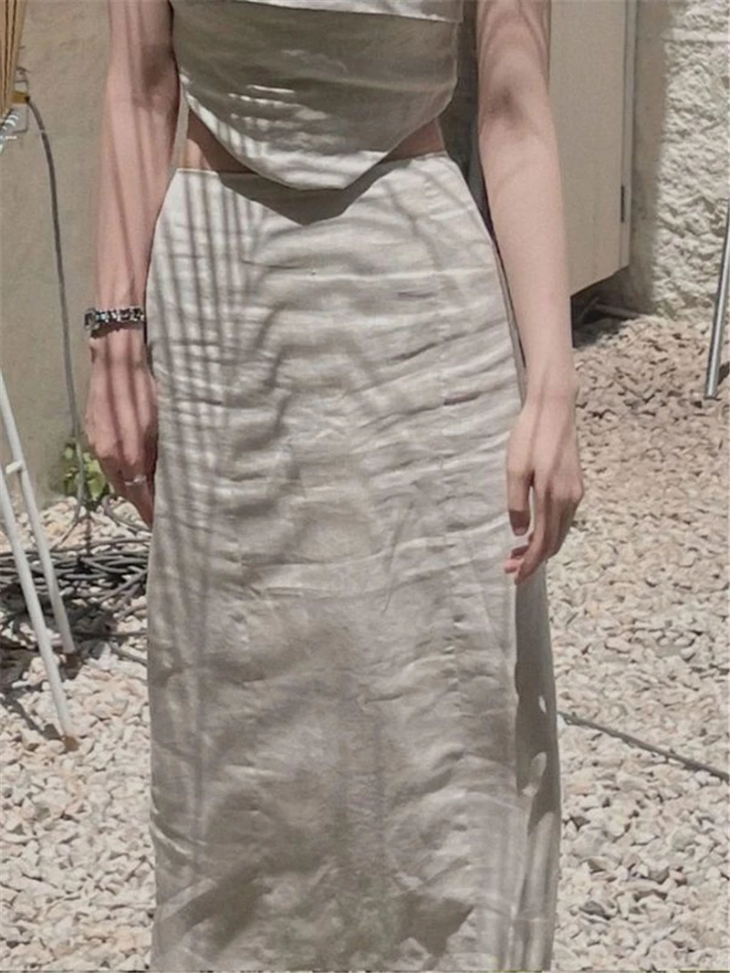 Limiguyue Cotton Linen Solid Skirt Women Design Elastic Waist Split Midi Skirts Spring Summer Straight Half Skirt Versatile 915P