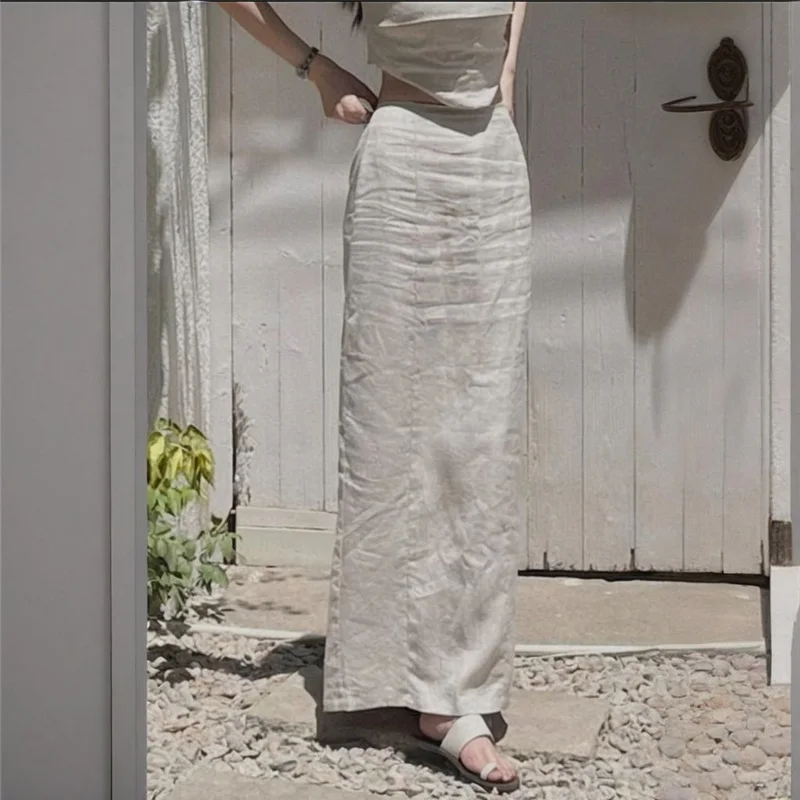 Limiguyue Cotton Linen Solid Skirt Women Design Elastic Waist Split Midi Skirts Spring Summer Straight Half Skirt Versatile 915P