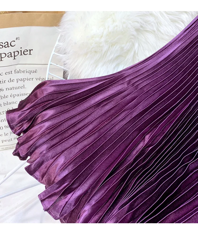 Fashion 2026 Spring Summer Women High Waist Polyester Solid Color Pleated Long Maxi Skirts Casual Women Clothing Outfits