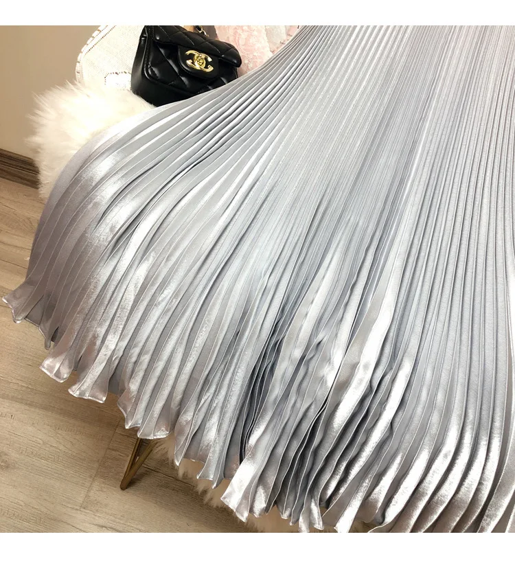 Fashion 2026 Spring Summer Women High Waist Polyester Solid Color Pleated Long Maxi Skirts Casual Women Clothing Outfits