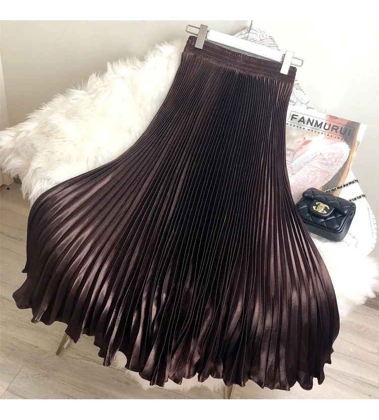 Fashion 2026 Spring Summer Women High Waist Polyester Solid Color Pleated Long Maxi Skirts Casual Women Clothing Outfits