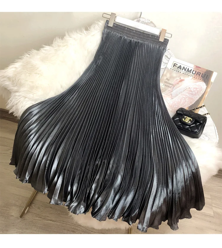 Fashion 2026 Spring Summer Women High Waist Polyester Solid Color Pleated Long Maxi Skirts Casual Women Clothing Outfits