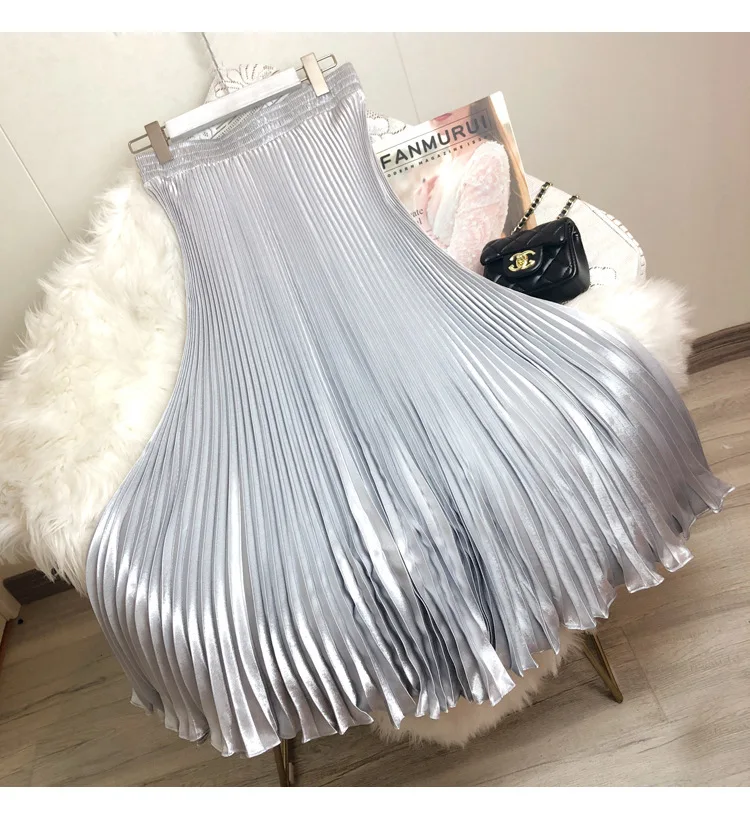 Fashion 2026 Spring Summer Women High Waist Polyester Solid Color Pleated Long Maxi Skirts Casual Women Clothing Outfits