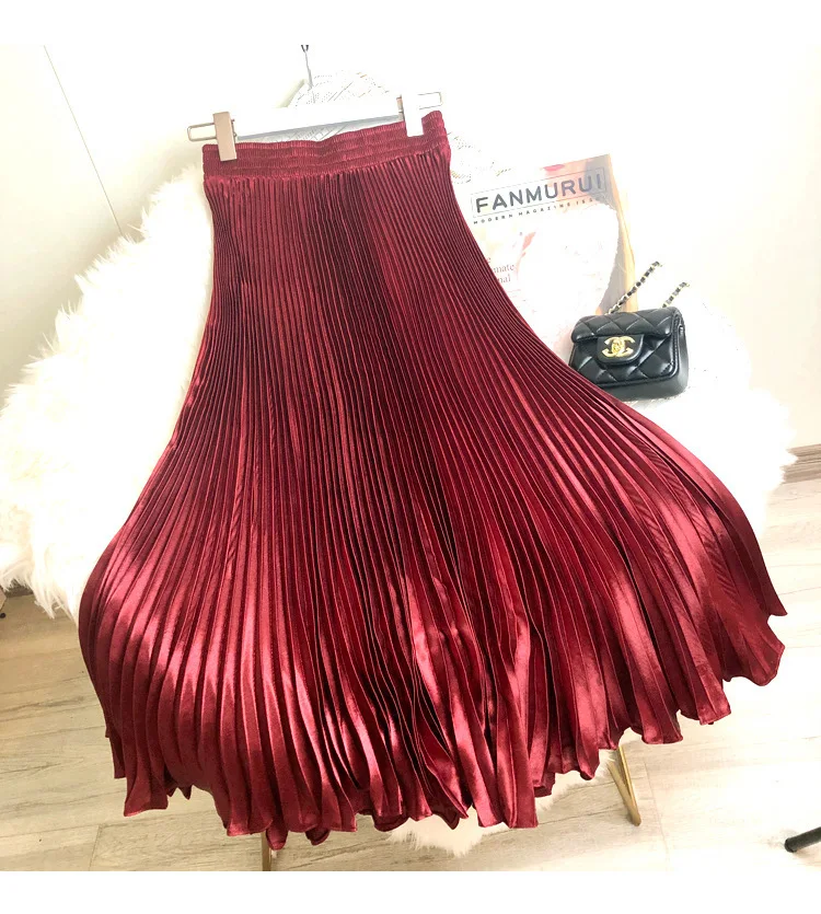 Fashion 2026 Spring Summer Women High Waist Polyester Solid Color Pleated Long Maxi Skirts Casual Women Clothing Outfits