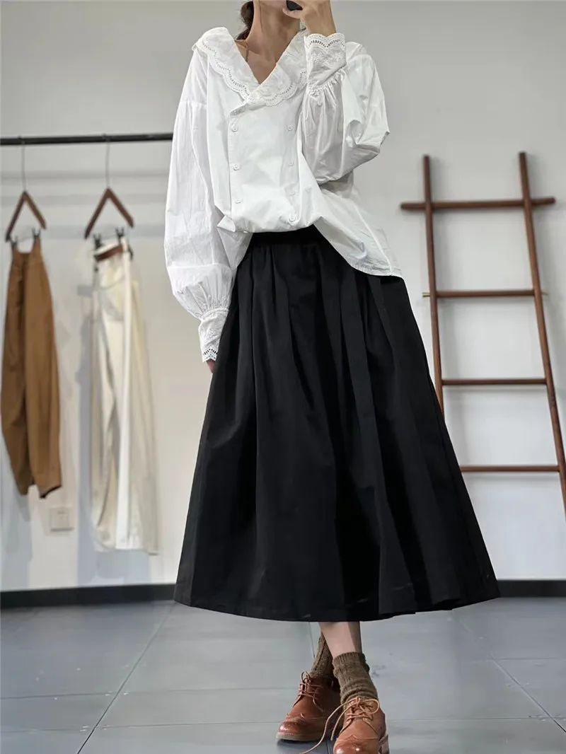 Limiguyue Vitnage A-line Midi Skirt Women Summer Literary Retro Cotton Skirt All Match Versatile Elastic Waist Loose Skirts E613