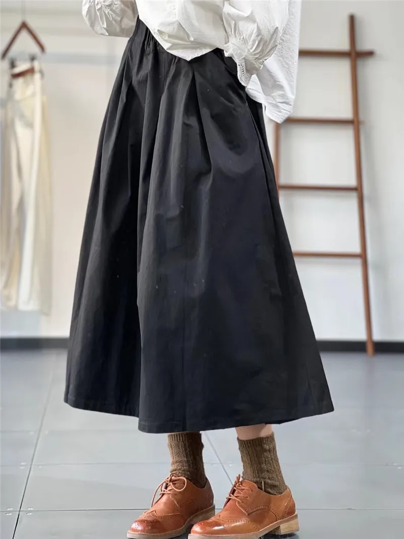 Limiguyue Vitnage A-line Midi Skirt Women Summer Literary Retro Cotton Skirt All Match Versatile Elastic Waist Loose Skirts E613