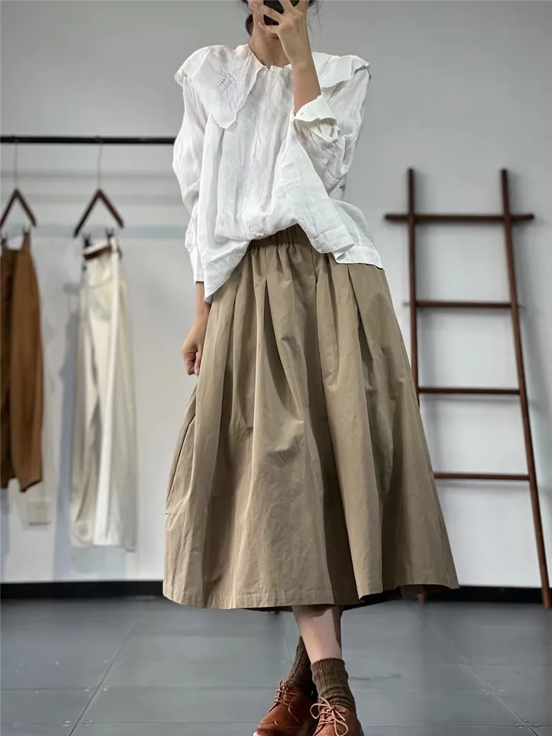 Limiguyue Vitnage A-line Midi Skirt Women Summer Literary Retro Cotton Skirt All Match Versatile Elastic Waist Loose Skirts E613