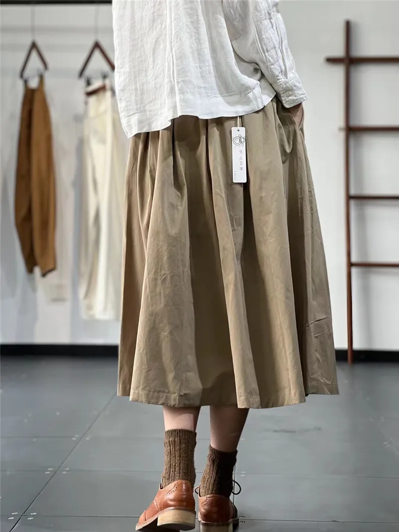 Limiguyue Vitnage A-line Midi Skirt Women Summer Literary Retro Cotton Skirt All Match Versatile Elastic Waist Loose Skirts E613