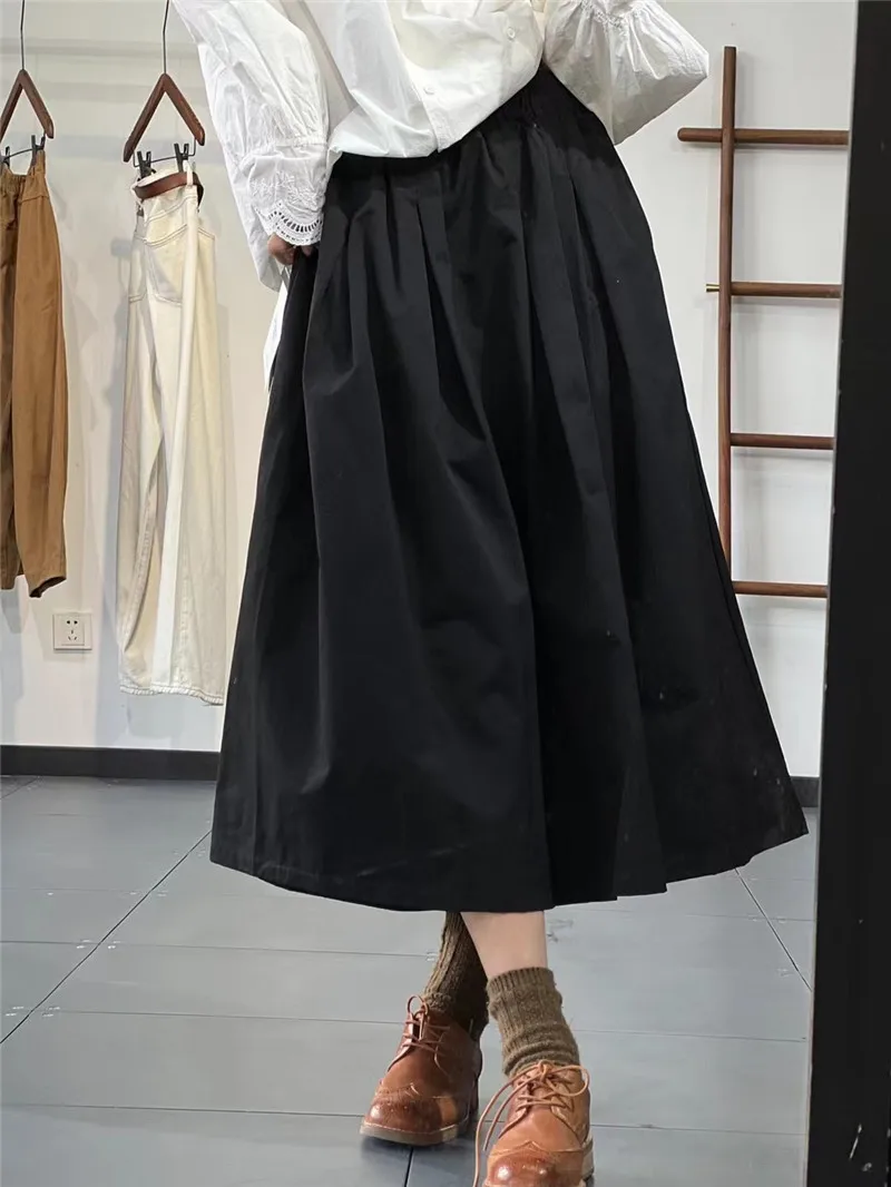 Limiguyue Vitnage A-line Midi Skirt Women Summer Literary Retro Cotton Skirt All Match Versatile Elastic Waist Loose Skirts E613