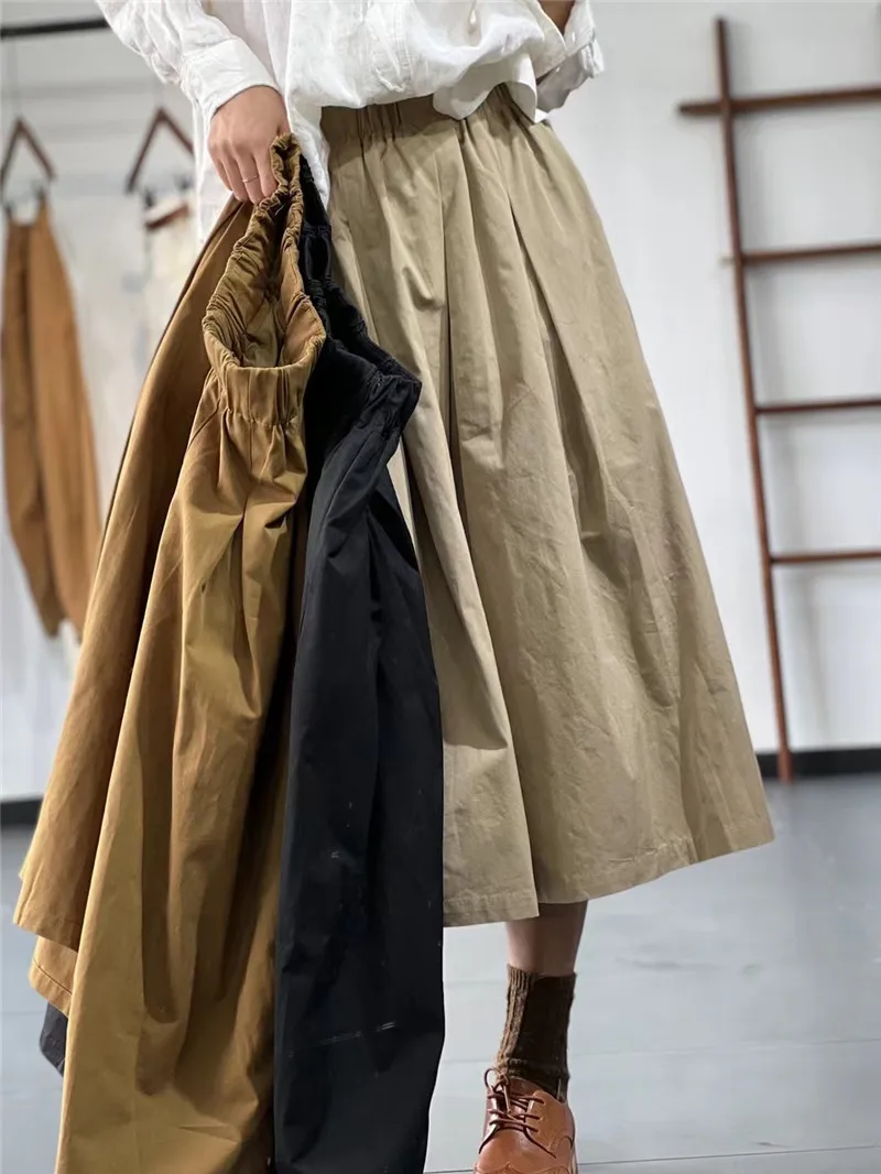 Limiguyue Vitnage A-line Midi Skirt Women Summer Literary Retro Cotton Skirt All Match Versatile Elastic Waist Loose Skirts E613