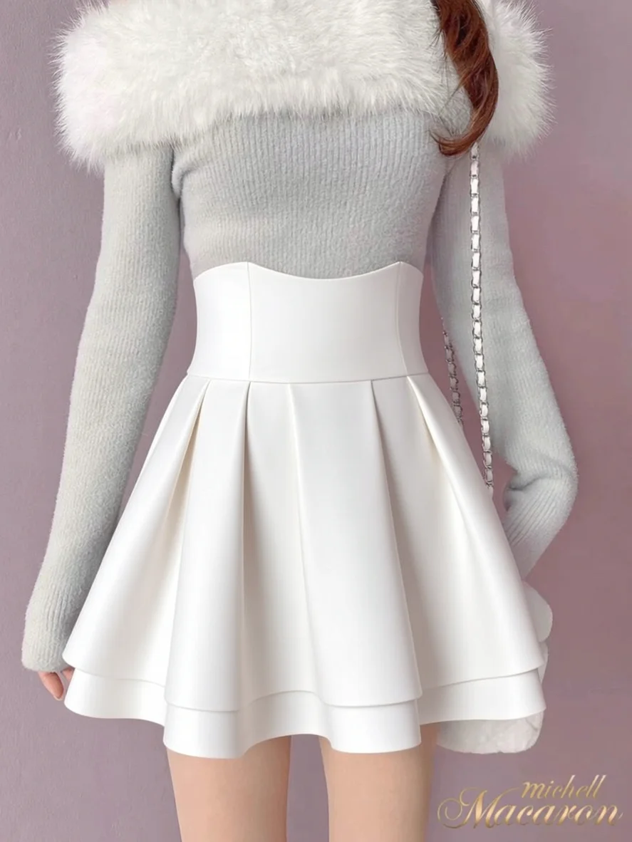 Japan Woolen Winter New Slim Skirts Ball Gown A-line Ruched High Waist Mujer Faldas All-match Preppy Casual Sweet Solid Skirt