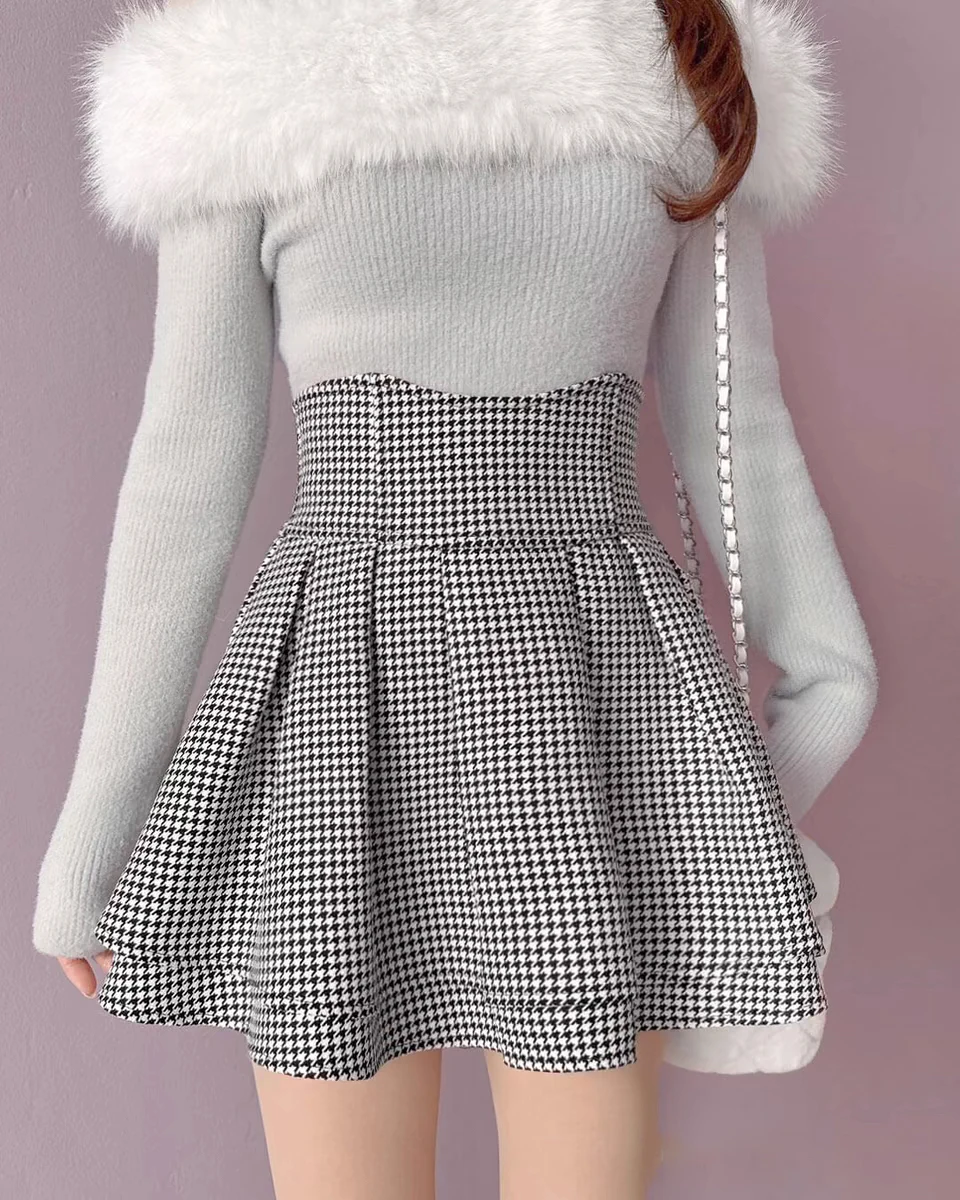 Japan Woolen Winter New Slim Skirts Ball Gown A-line Ruched High Waist Mujer Faldas All-match Preppy Casual Sweet Solid Skirt