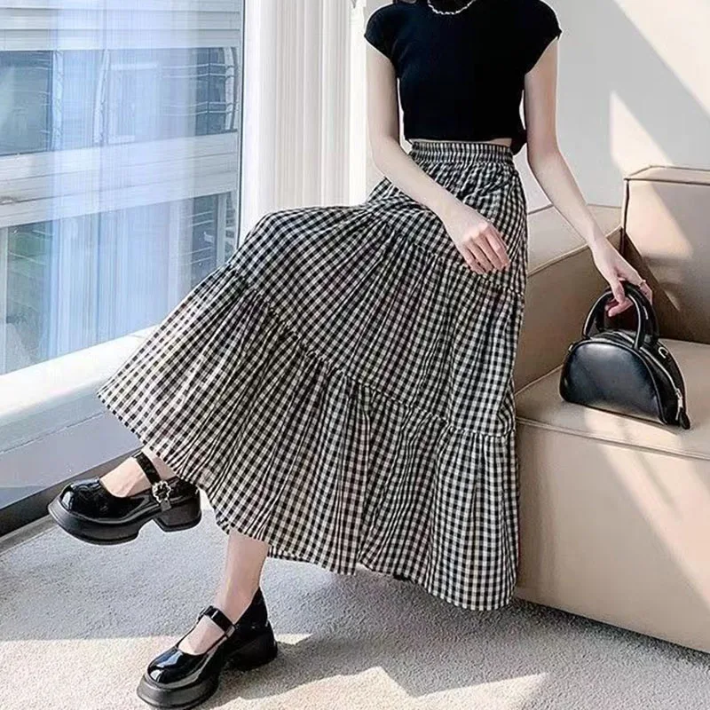 Summer Black White Plaid Skirts Women Korean Temperament Fashion Long Skirt Ladies Casual High Waist Fold Student A-Line Skirts