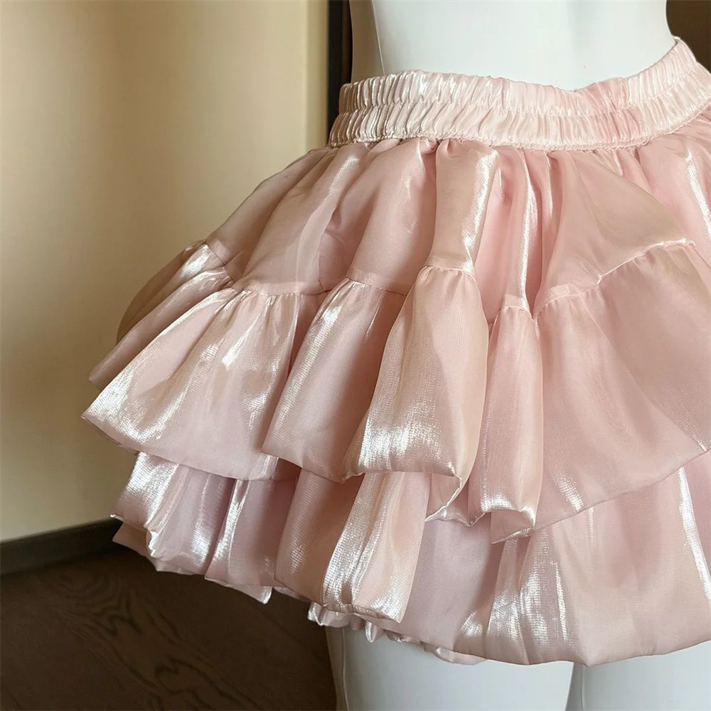 Sweet Satin Casual Elastic Waist New Short Skirt Women Summer Chic White Ruffle Cake Skirts Female Fashion Pretty Princess Skirt