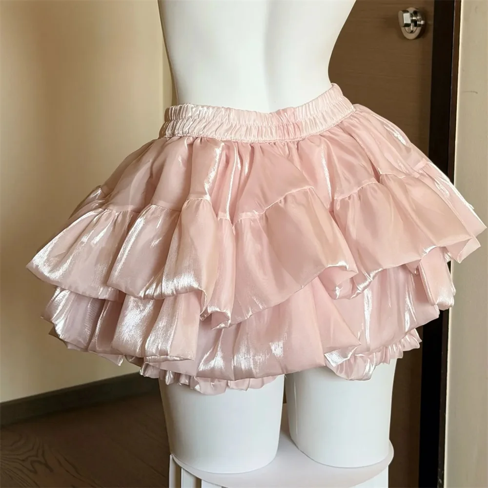 Sweet Satin Casual Elastic Waist New Short Skirt Women Summer Chic White Ruffle Cake Skirts Female Fashion Pretty Princess Skirt