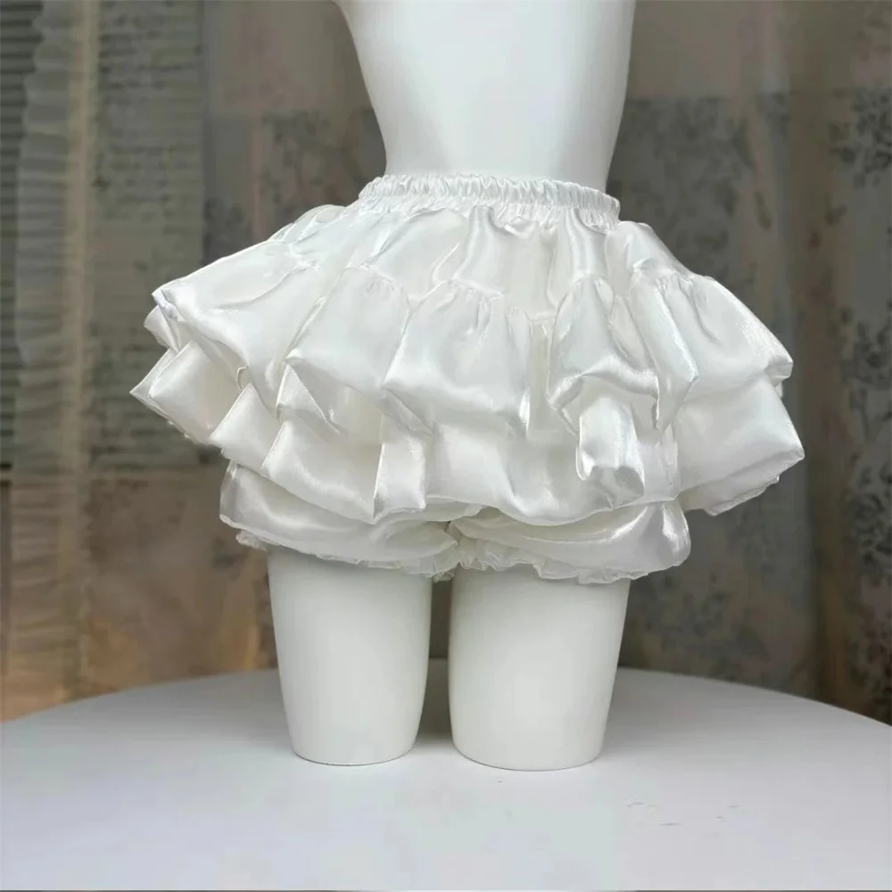 Sweet Satin Casual Elastic Waist New Short Skirt Women Summer Chic White Ruffle Cake Skirts Female Fashion Pretty Princess Skirt