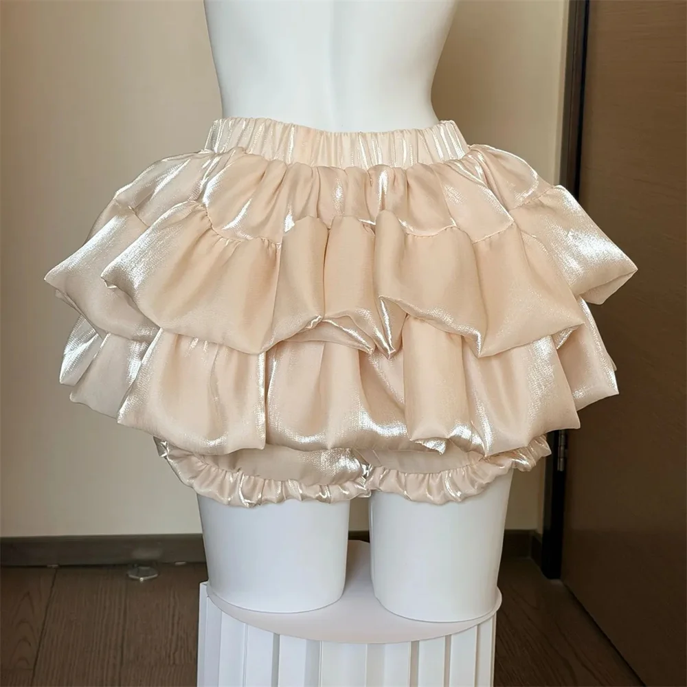 Sweet Satin Casual Elastic Waist New Short Skirt Women Summer Chic White Ruffle Cake Skirts Female Fashion Pretty Princess Skirt