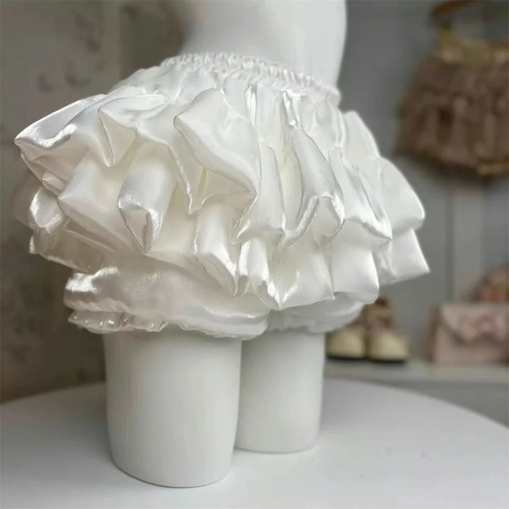 Sweet Satin Casual Elastic Waist New Short Skirt Women Summer Chic White Ruffle Cake Skirts Female Fashion Pretty Princess Skirt