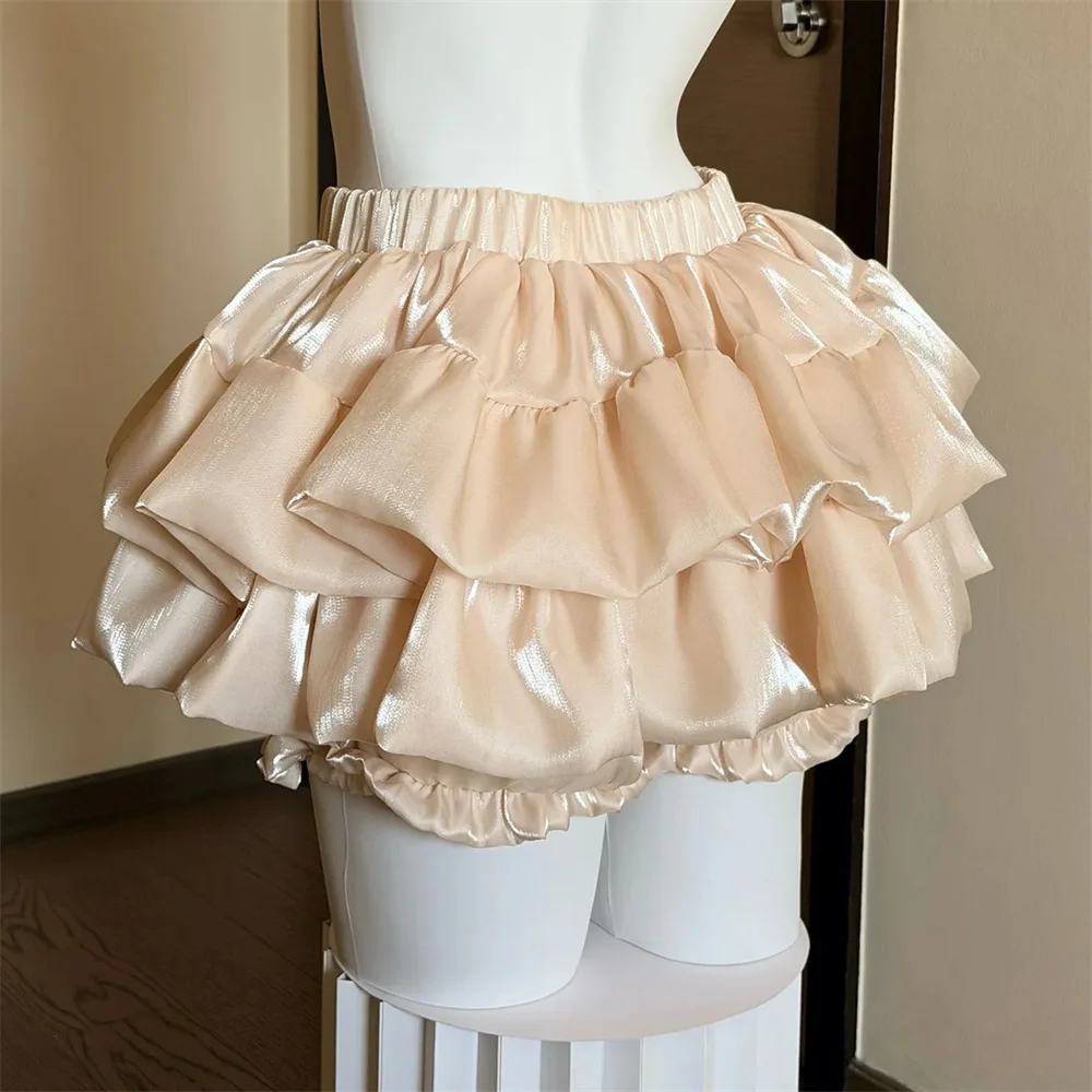 Sweet Satin Casual Elastic Waist New Short Skirt Women Summer Chic White Ruffle Cake Skirts Female Fashion Pretty Princess Skirt
