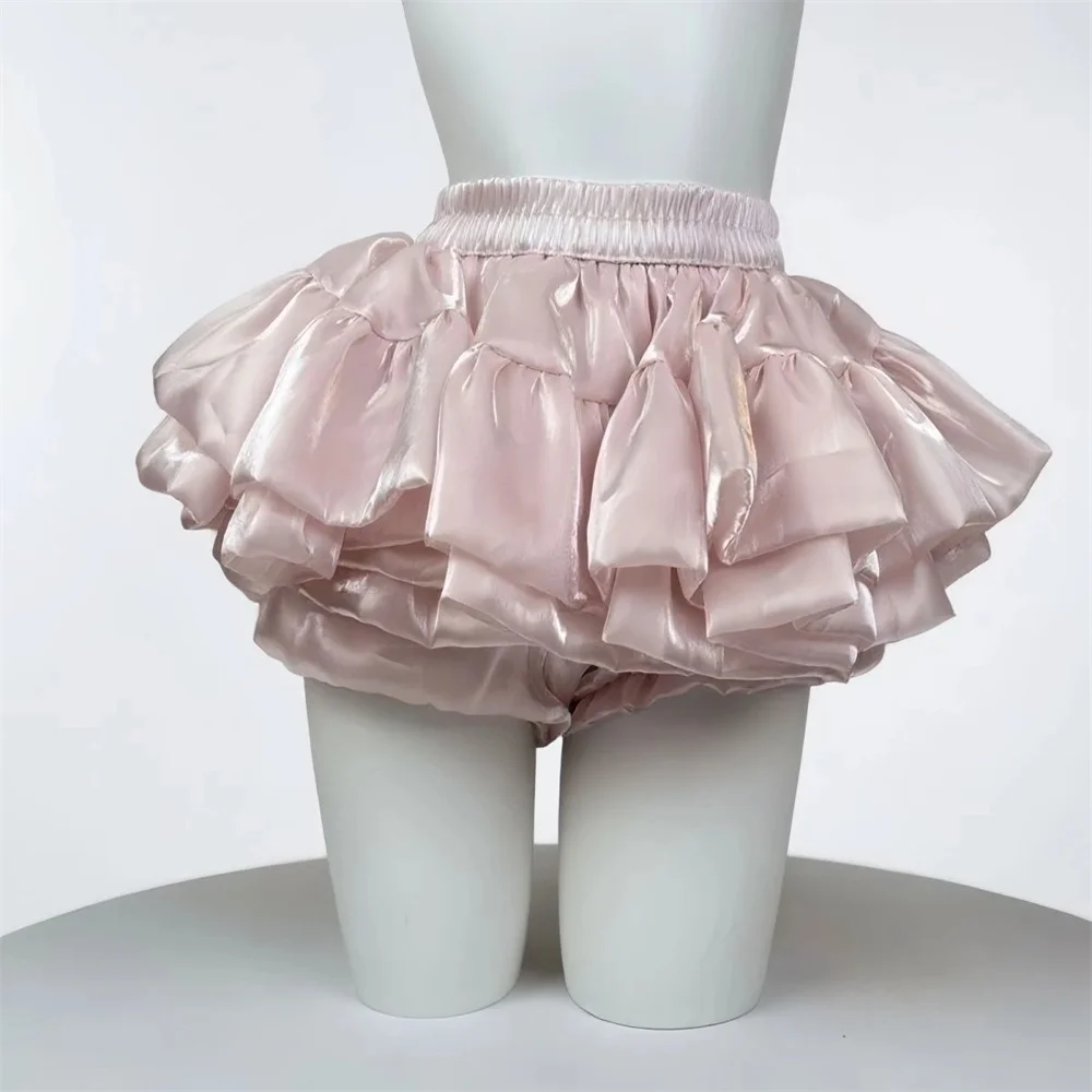 Sweet Satin Casual Elastic Waist New Short Skirt Women Summer Chic White Ruffle Cake Skirts Female Fashion Pretty Princess Skirt