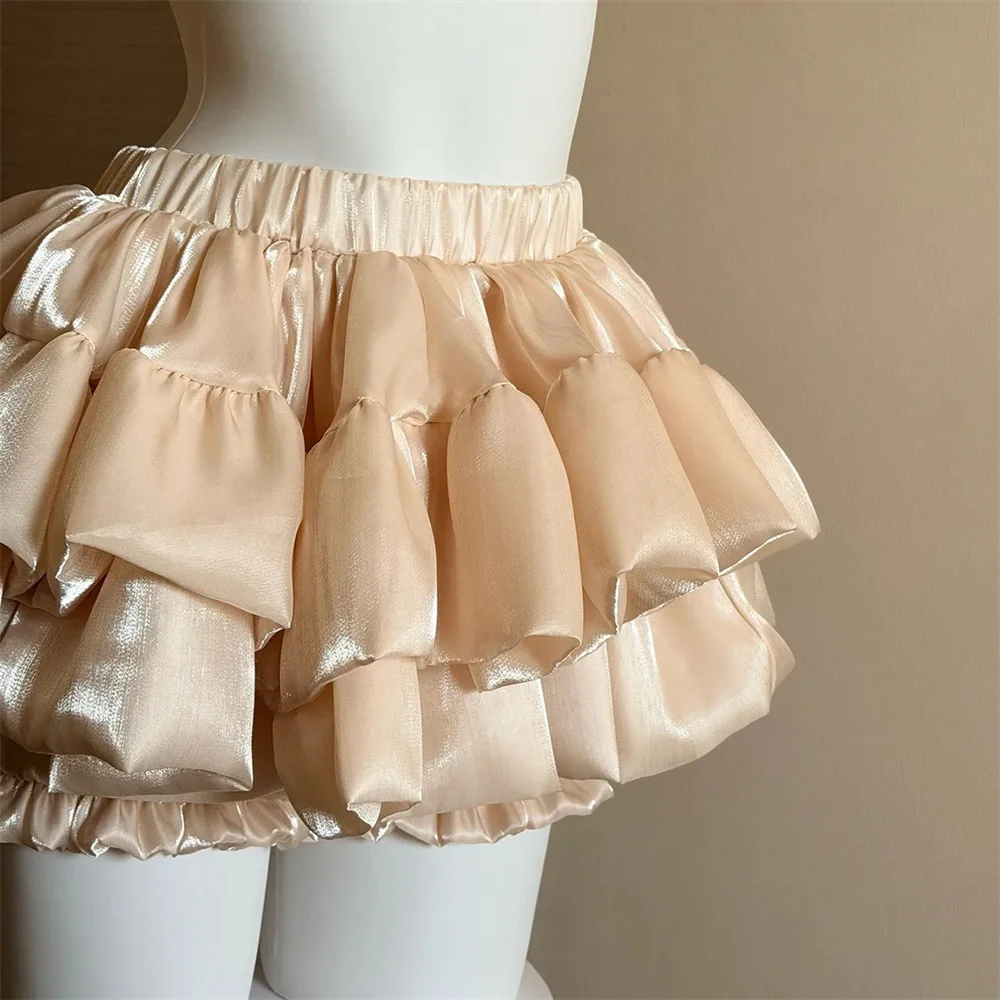 Sweet Satin Casual Elastic Waist New Short Skirt Women Summer Chic White Ruffle Cake Skirts Female Fashion Pretty Princess Skirt