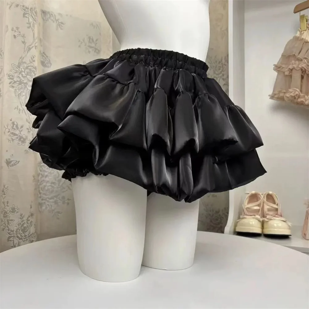 Sweet Satin Casual Elastic Waist New Short Skirt Women Summer Chic White Ruffle Cake Skirts Female Fashion Pretty Princess Skirt