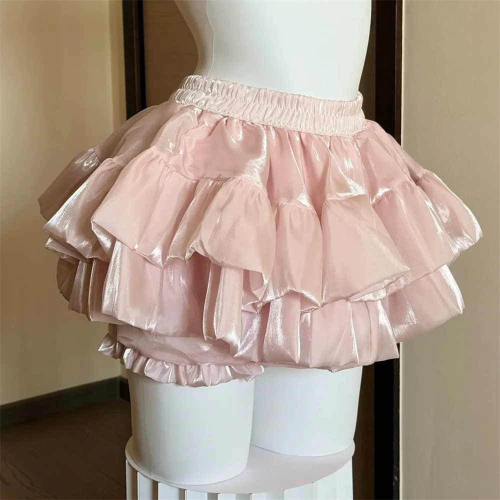Sweet Satin Casual Elastic Waist New Short Skirt Women Summer Chic White Ruffle Cake Skirts Female Fashion Pretty Princess Skirt