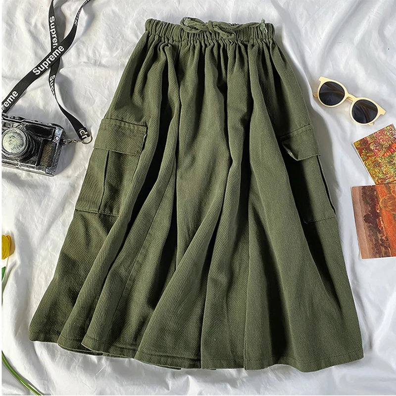 Harajuku Cargo Skirt Women Loose A-line Pocket Solid Midi Long Green Black Skirt Fashion Korean Hip Hop High Waist Streetwear