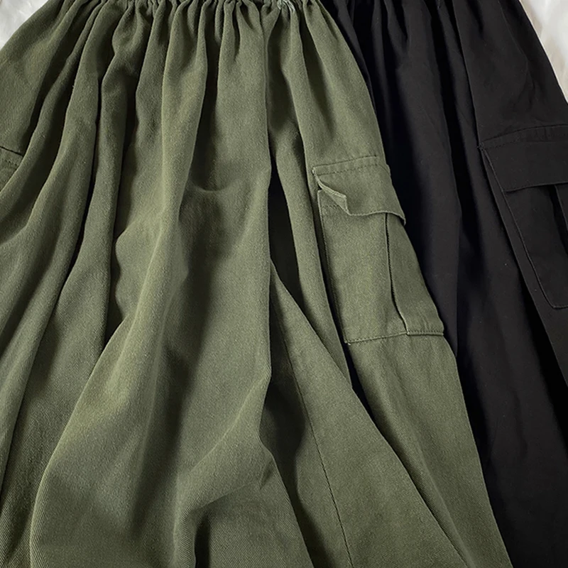 Harajuku Cargo Skirt Women Loose A-line Pocket Solid Midi Long Green Black Skirt Fashion Korean Hip Hop High Waist Streetwear