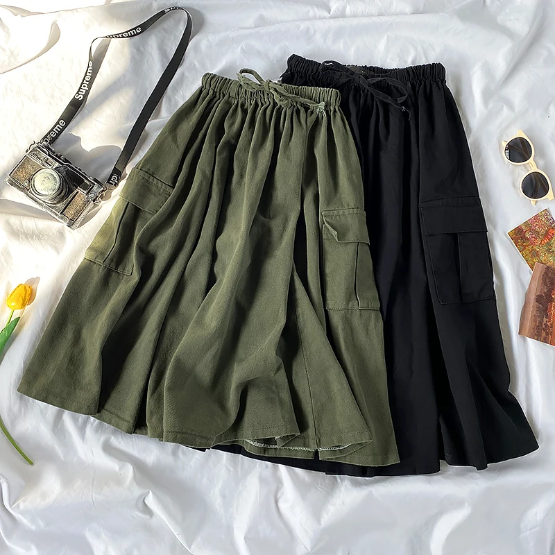 Harajuku Cargo Skirt Women Loose A-line Pocket Solid Midi Long Green Black Skirt Fashion Korean Hip Hop High Waist Streetwear