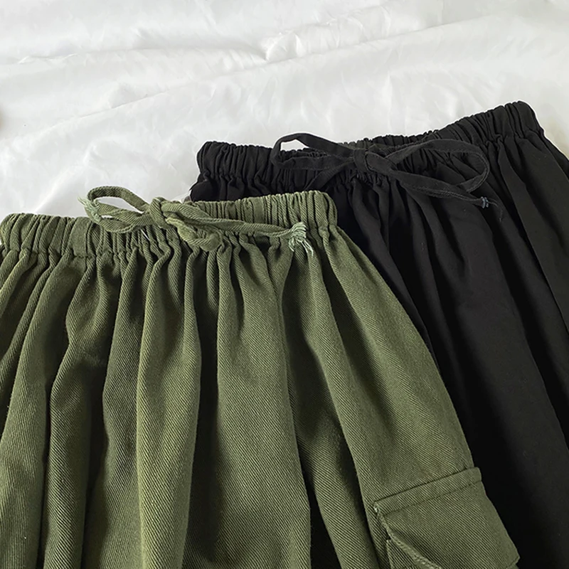 Harajuku Cargo Skirt Women Loose A-line Pocket Solid Midi Long Green Black Skirt Fashion Korean Hip Hop High Waist Streetwear