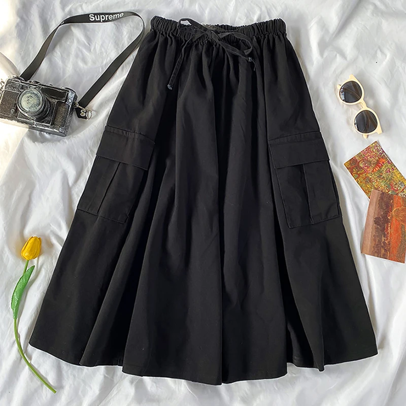 Harajuku Cargo Skirt Women Loose A-line Pocket Solid Midi Long Green Black Skirt Fashion Korean Hip Hop High Waist Streetwear