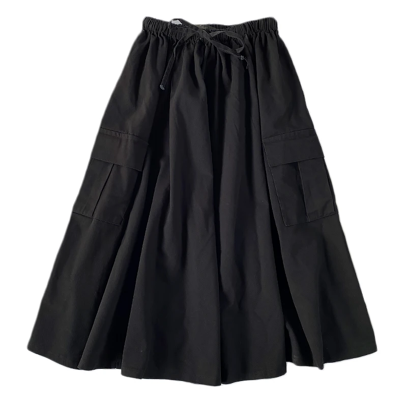 Harajuku Cargo Skirt Women Loose A-line Pocket Solid Midi Long Green Black Skirt Fashion Korean Hip Hop High Waist Streetwear