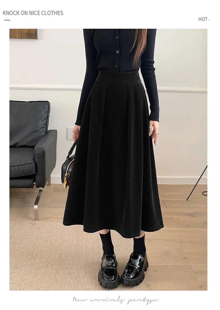 Autumn Winter Warm Vintage Red Elegant Velvet A-line Skirt For Women 2024 High Waist Casual Black Party Pleated Big Swing Skirts