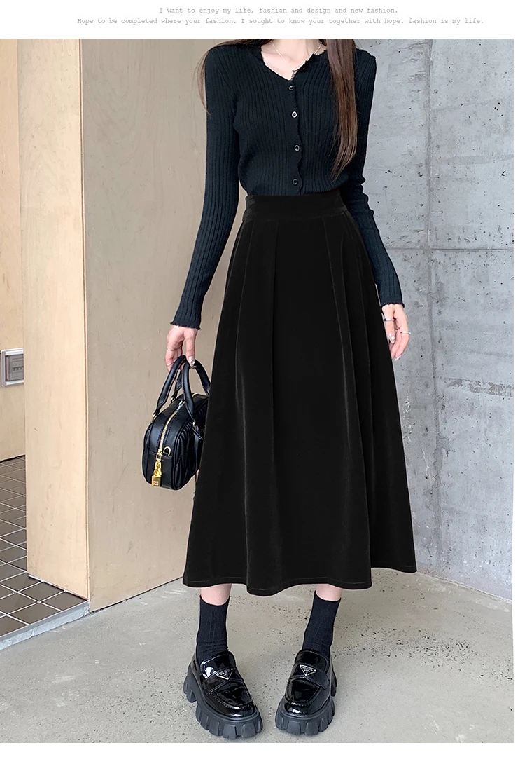 Autumn Winter Warm Vintage Red Elegant Velvet A-line Skirt For Women 2024 High Waist Casual Black Party Pleated Big Swing Skirts