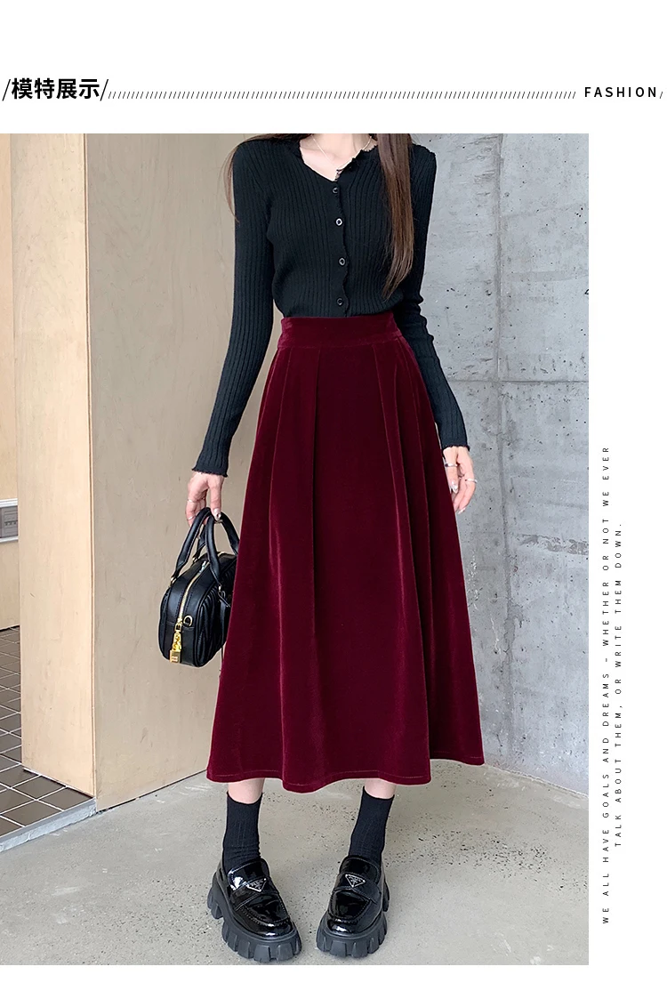 Autumn Winter Warm Vintage Red Elegant Velvet A-line Skirt For Women 2024 High Waist Casual Black Party Pleated Big Swing Skirts