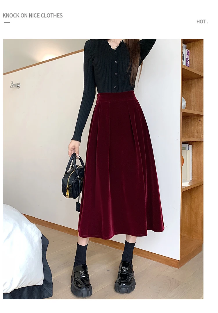 Autumn Winter Warm Vintage Red Elegant Velvet A-line Skirt For Women 2024 High Waist Casual Black Party Pleated Big Swing Skirts