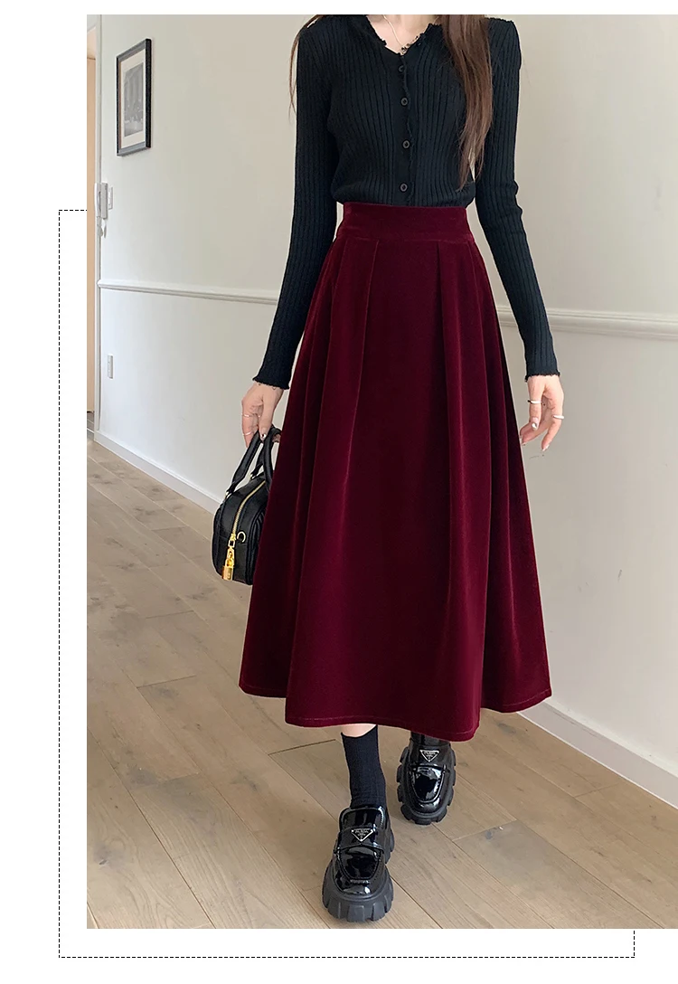 Autumn Winter Warm Vintage Red Elegant Velvet A-line Skirt For Women 2024 High Waist Casual Black Party Pleated Big Swing Skirts