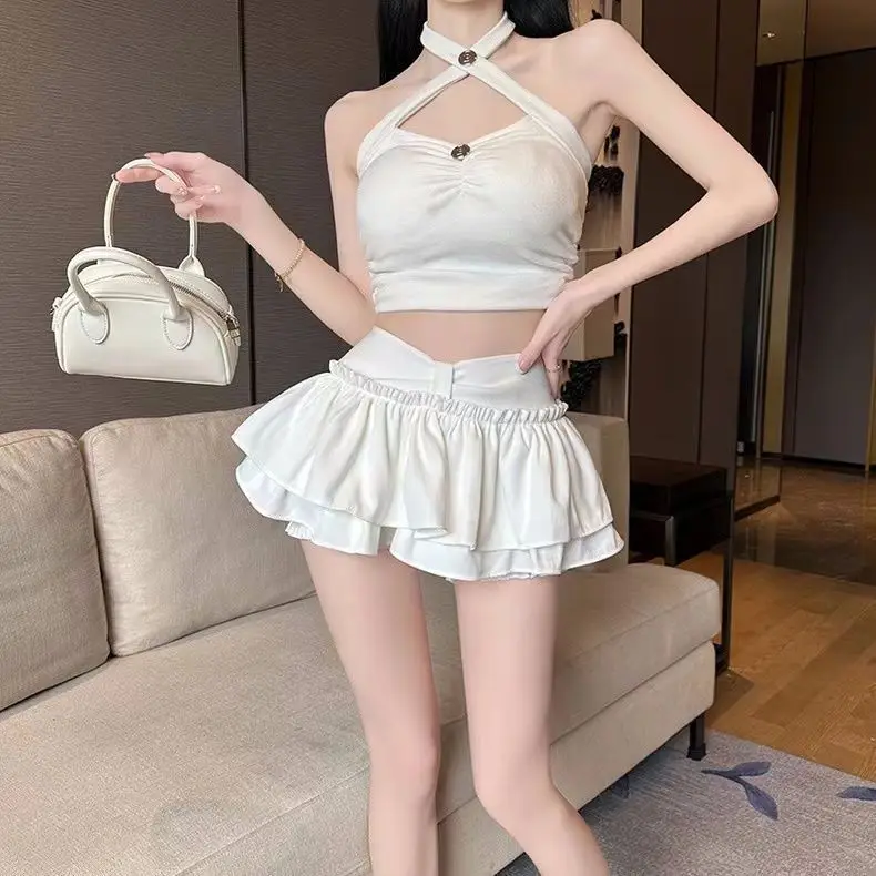 Puffy Pleated Skirt Anti-Panty Flash Skort Ballet Academy Style Cute Flared Mini Skirt for Women Youthful Layered Design