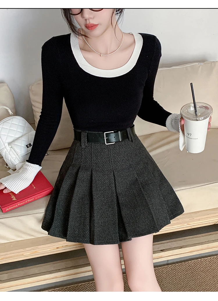 Vintage Winter Pleated Mini Skirt Women Streetwear High Waist Woolen Cute Skater Skirts With Shorts Belt Grey Black Skirt Woman