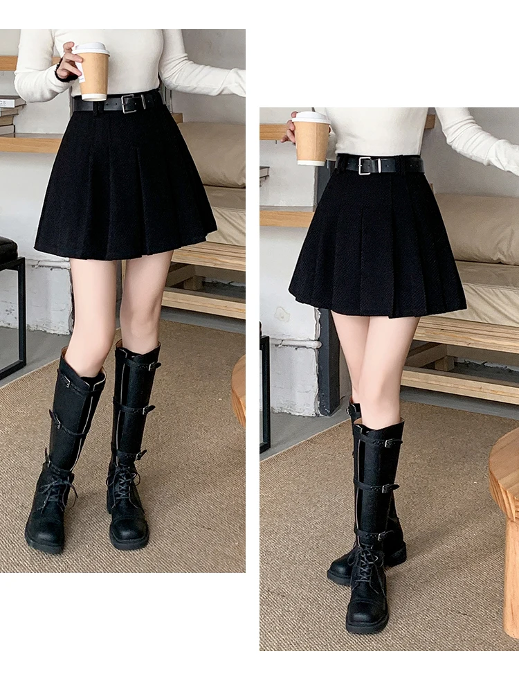 Vintage Winter Pleated Mini Skirt Women Streetwear High Waist Woolen Cute Skater Skirts With Shorts Belt Grey Black Skirt Woman